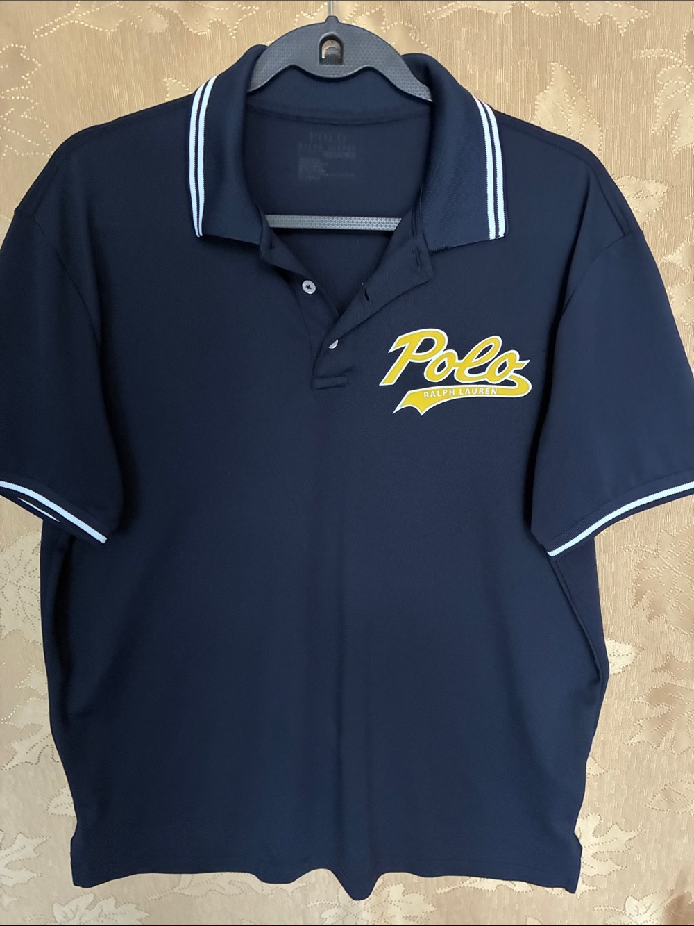 Polo by Ralph Lauren Men's Navy Polo with Yellow Script Logo
